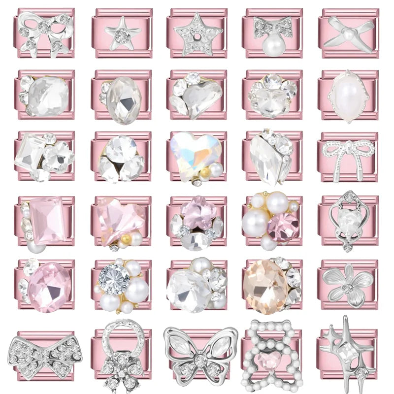 2025 New Sweet Zircon Bright Flowers Heart Bows Pink DIY Making Bracelet Women Men Stainless Steel 9mm Italian Charm Links Fit Qme