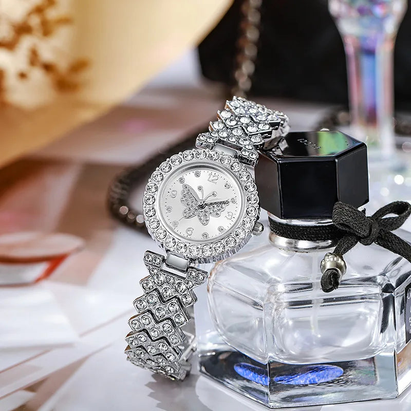 5PCS Fashion Rhinestone Butterfly Dial Women Quartz Watch Elegant Ladies Bracelet Wristwatch Jewelry Set Reloj Mujer（Without Box Qme