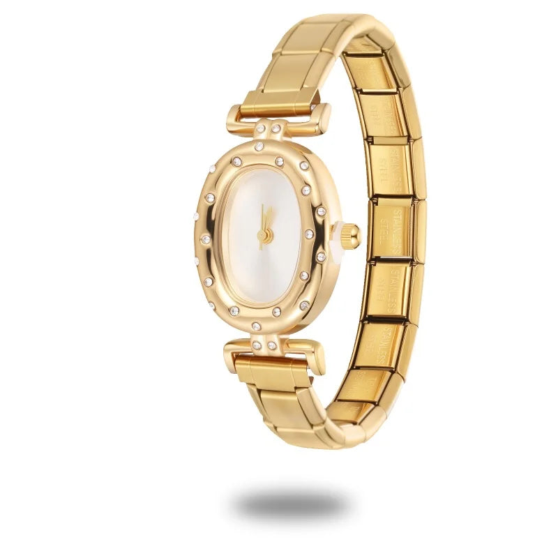 2025New Vintage Oval Inlaid Zircon Stainless Steel Watch Bracelet