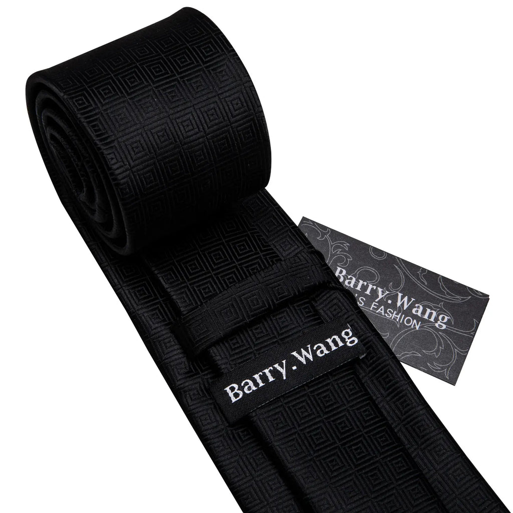 Black Geometric Tie Tie For Men Wedding Tie Party Necktie Handkerchief Cravat Barry.Wang Fashion Designer Tie Set LS-5225 Qme