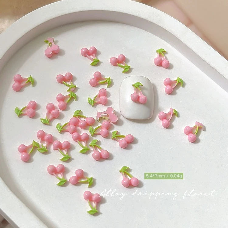 50pcs Pink Cherry Nail Charms, 3D Resin Cute Strawberry Fruit Nail Art Decorations, Flat Back Green Leaf Cherry DIY Manicure Qme 04 50pcs leaf-L