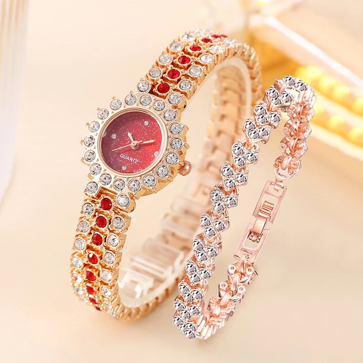 2pcs/set 1pc Ladies Fashion Rhinestone Roman Steel Strap Quartz Watch 1pc Heart Rhinestone Bracelet Set Qme