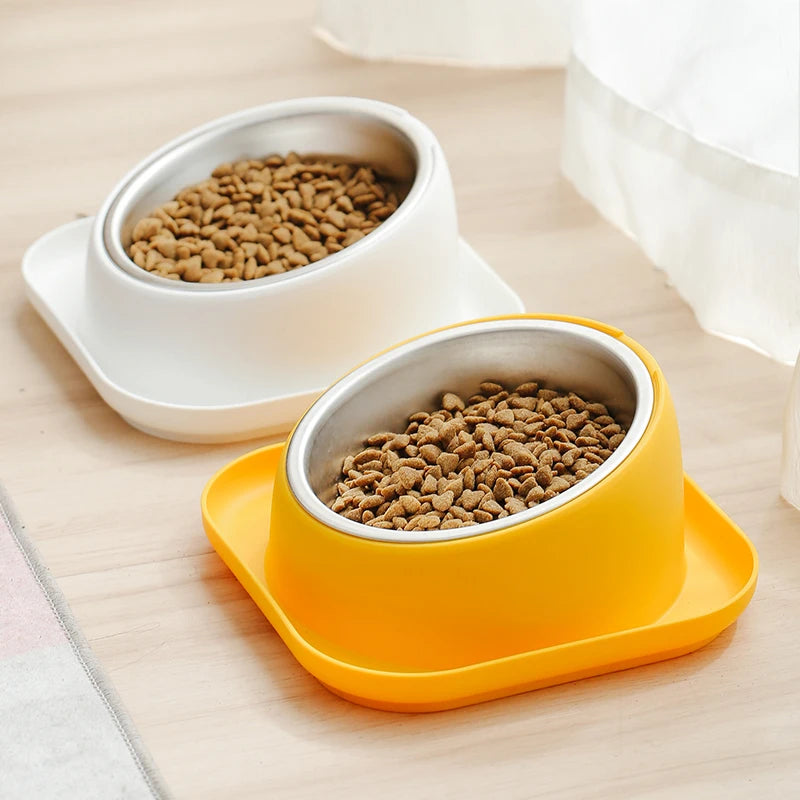 15° Tilted Stainless Steel Cat Bowl with Anti-Slip Plastic Base Neck Protection Pet Food Water Feeder Bowl for Cats And Kittens Qme