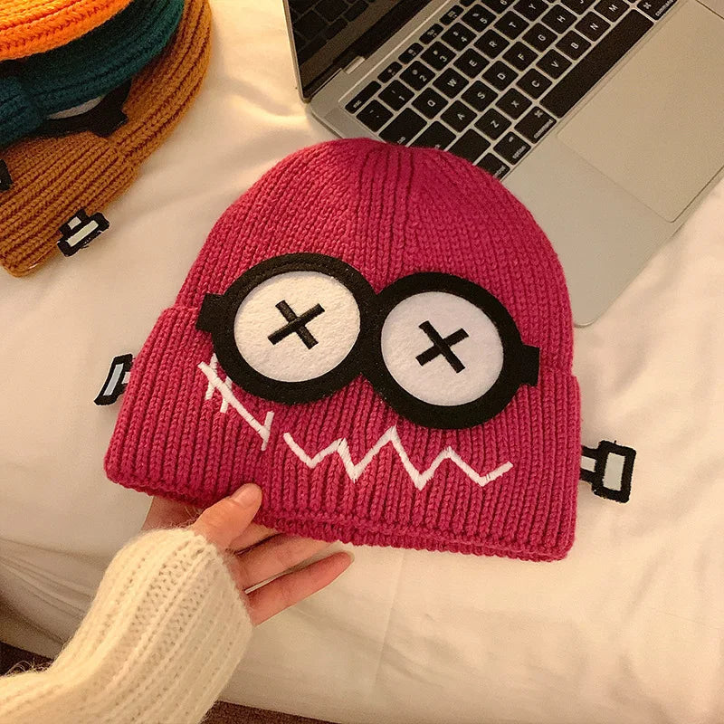 Funny Cute Knitted Woolen Hat Women Autumn Winter Cartoon Warm Qme Rose Red