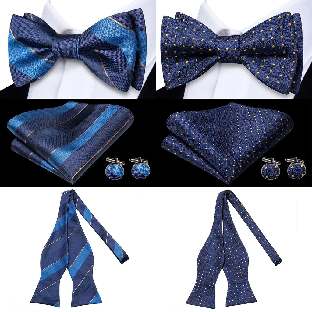 Hi-Tie Men's Bow Tie Handkerchief Cufflinks Set Blue Plaid Stripe Pattern Hand Tied Wedding Business Qme