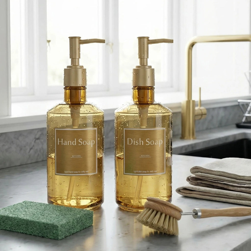 2PCS/SET Kitchen Counter Hand Soap Dispenser, Refillable Dish Soap Bottles with Gold Labels, 500ML/16.9OZ Reusble Pump Bottle Qme