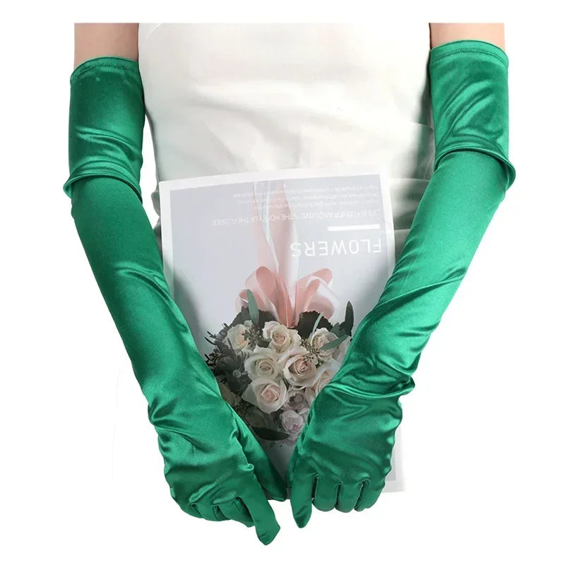 Ceremonial Satin Long Stage Performance Multicolor Women Gloves Ball Qme green 55cm