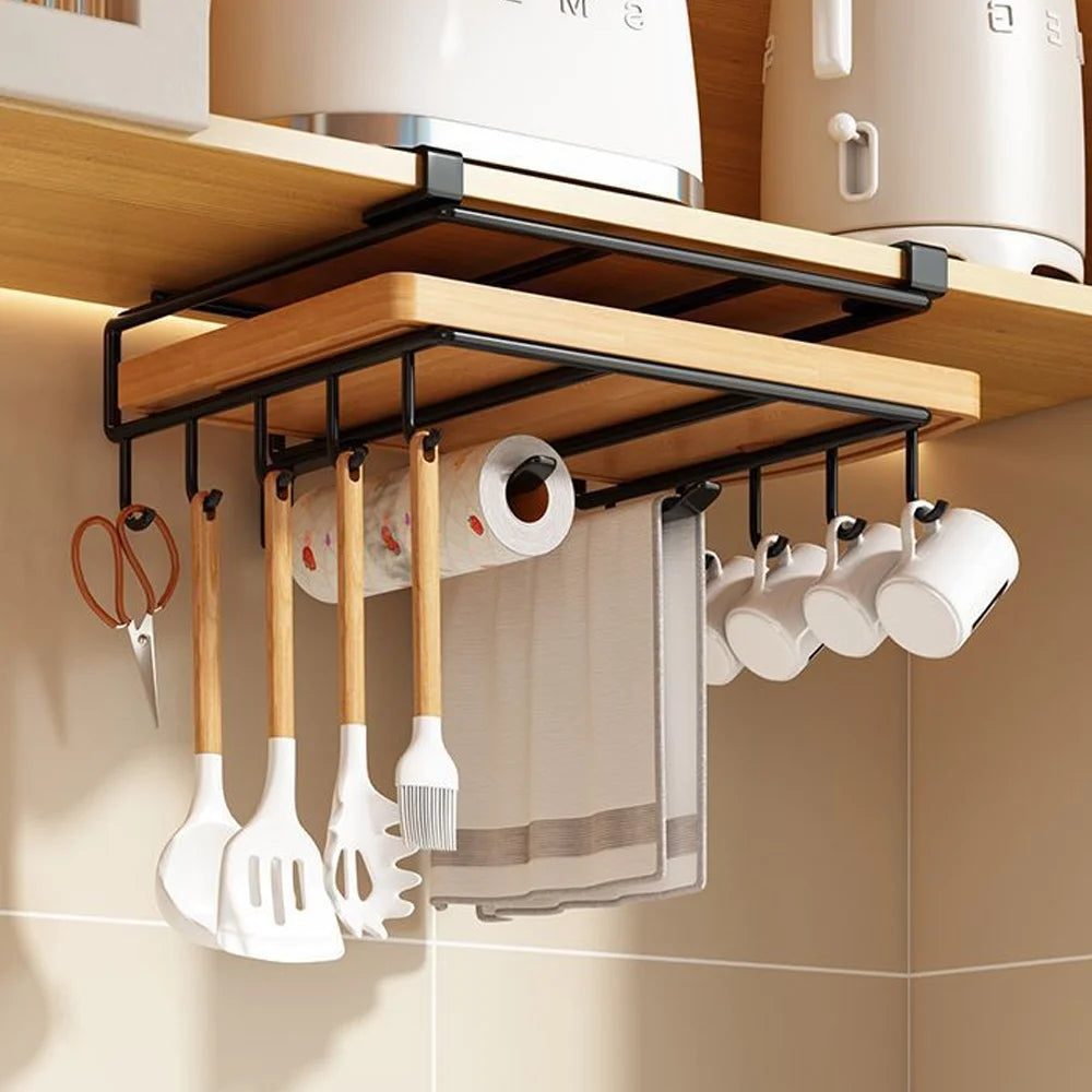 Space Saving Kitchen Organizer: Under Cabinet Hanging Rack with Hooks for Towels Cutting Boards & Pot Lids Qme