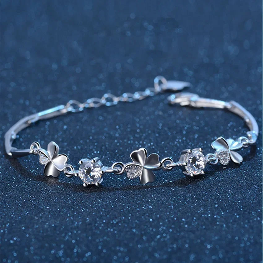 Fine 925 Sterling Silver Zircon Lucky Clover Bracelets crystals chain For Women cute noble Wedding party Jewelry Qme