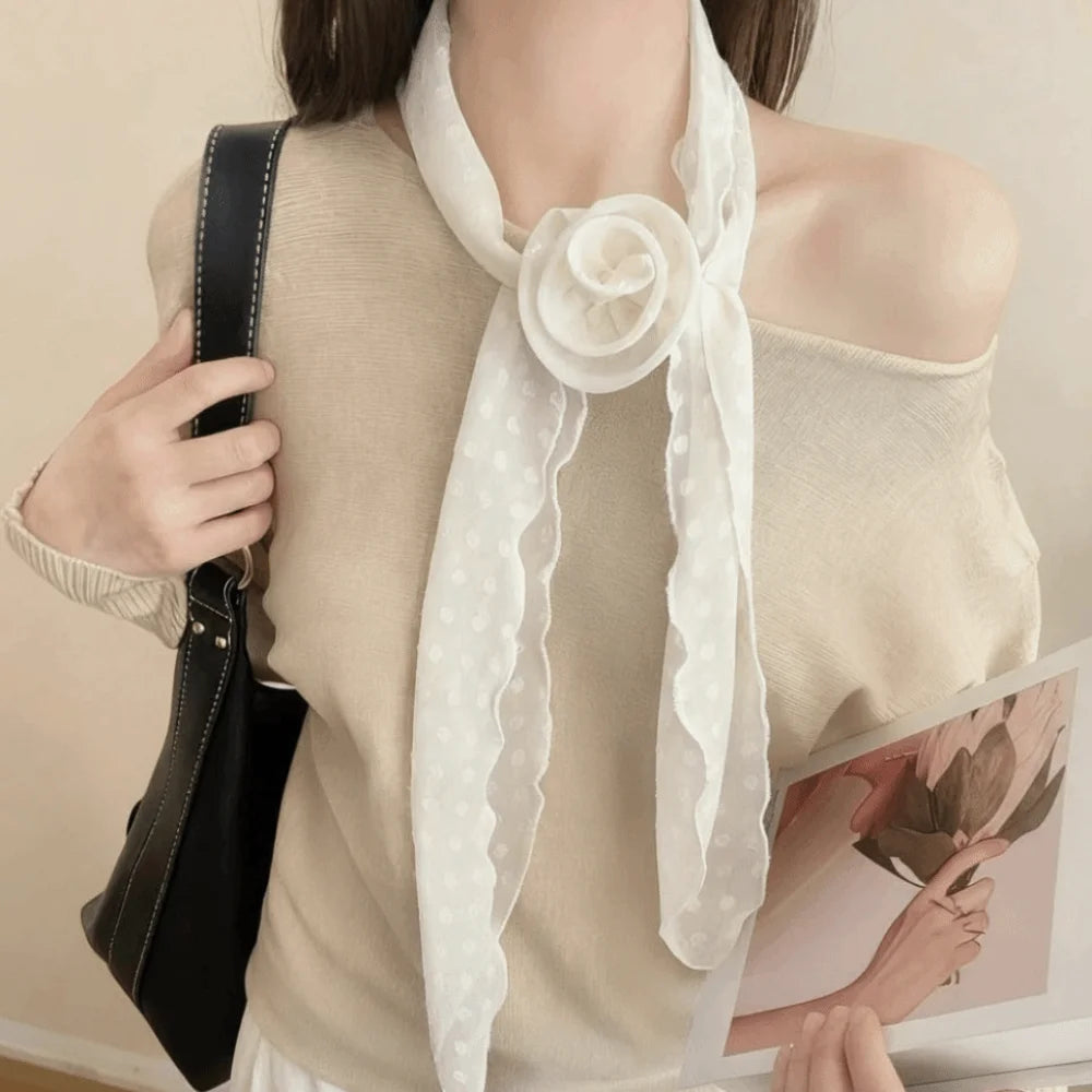 Bow Ties Polka Dots Scarf Thin Cravat Flower Long Silk Scarf Hair Band Narrow Long Ribbon Scarves Qme