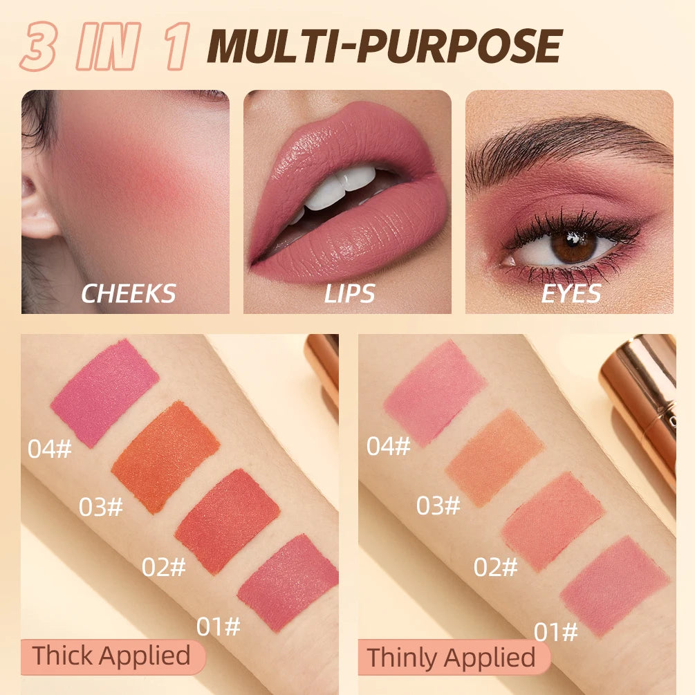 QIBEST Multifunctional Makeup Stick 3 IN 1 Lipstick Blush For Face Lightweight Lip Tint Natural Blush Cream Lasting Cosmetics Qme