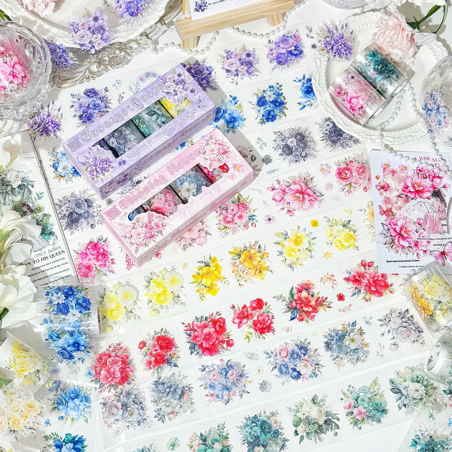 4Rolls/2m Laser Blue Red Flower Japanese PET Tape Set Decorative Masking Tape Scrapbooking Stickers Journal Aesthetic Stationery Qme