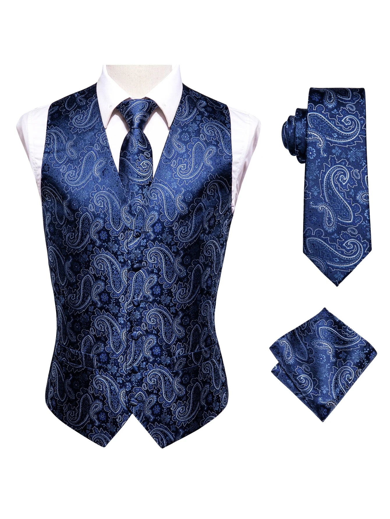 Blue Men Vest Three-Piece Suit Set, Dress Waistcoat with Tie and Pocket Square for Party Ceremony Qme