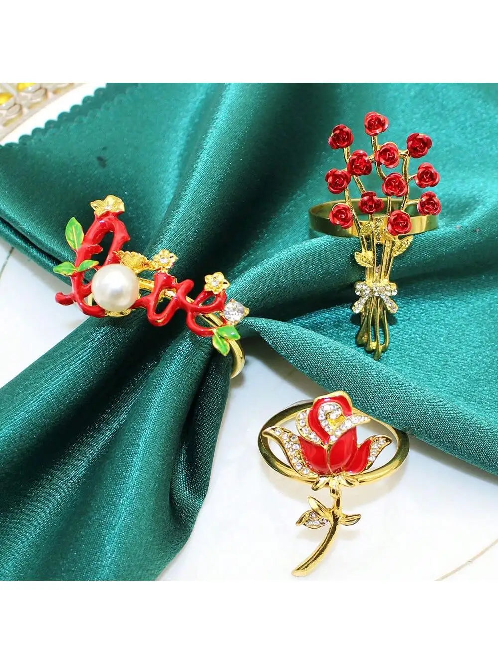 Valentine's Day Napkin Ring Red Heart-shaped Rose Diamond Inlaid Qme
