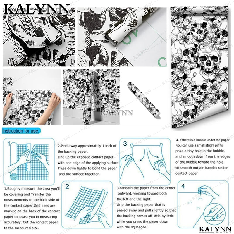Halloween Peel Stick Wallpaper Sugar Skull Floral Bedroom Black White Qme
