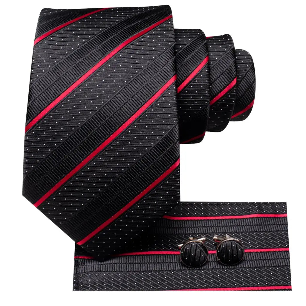 Black Red Striped Wedding Tie Men Handky Cufflink Necktie Fashion Qme