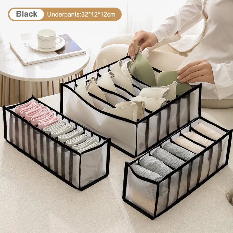 Multifunctional Folding Drawer-Style Fabric Storage Box For Underwear And Socks Qme Black 7 Grids
