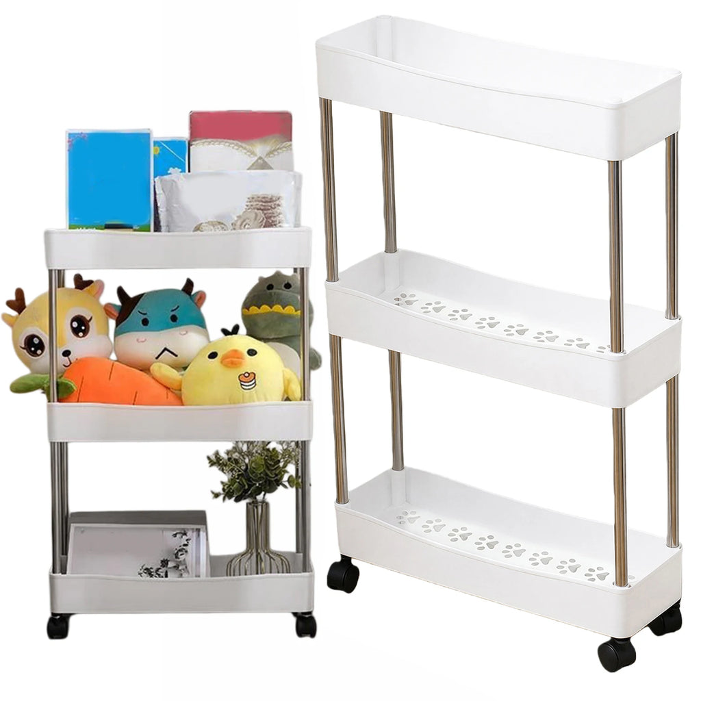3-Tier Rolling Bathroom Storage Organizer Multi-Layer Plastic Trolley Rack for Kitchen Bathroom Laundry Room Narrow Places Qme