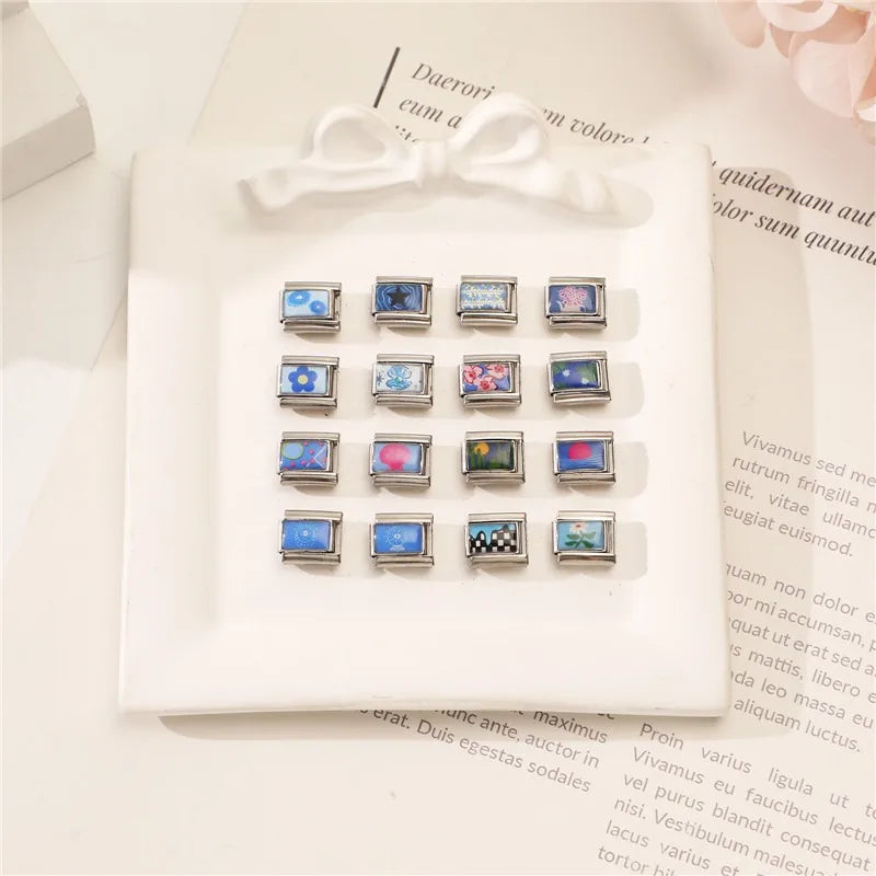 2025 Blue Lotus Leaf Sun Eye Cactus Italian Charm Link 9mm Sliver Modular Bracelet Stainless Steel DIY Gift Jewelry Wholesale Qme