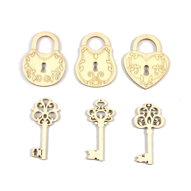 20Pcs 26-55mm Key And Lock Natural Wood Crafts DIY Scrapbooking Wooden Embellishment Handmade Accessories Art Home Decor c4001 Qme Mixed 20Pcs