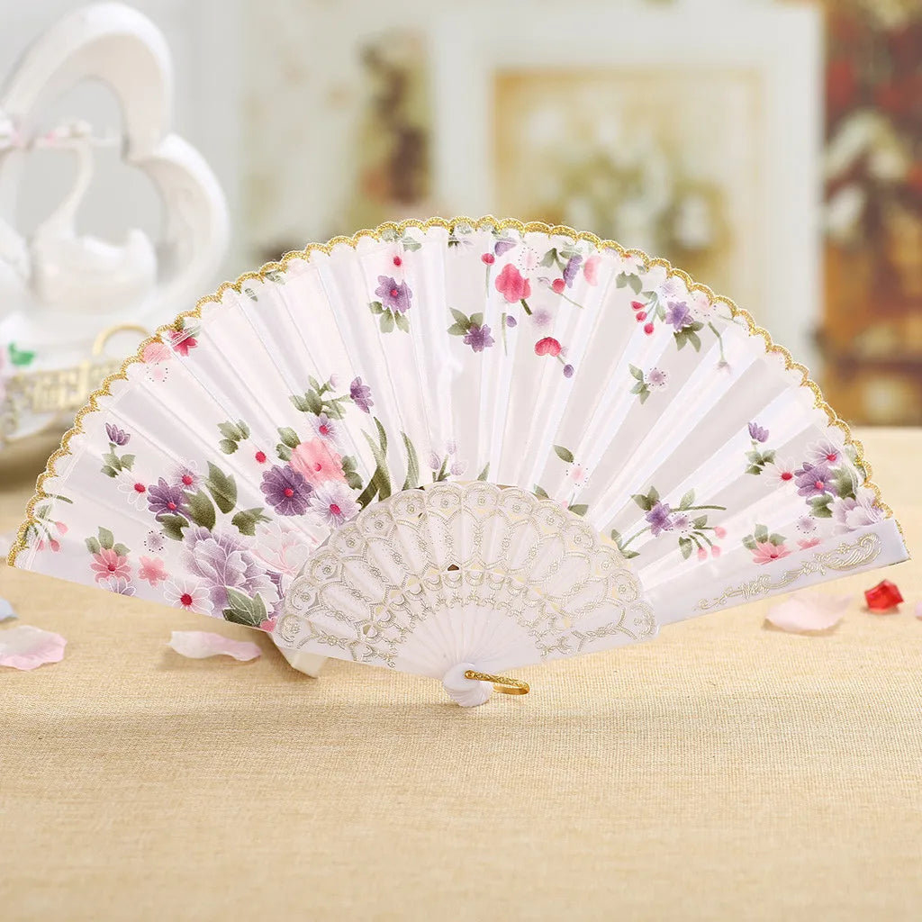Best Dance Wedding Party Lace Silk Folding Hand Held Flower Fan Multi Color Patterned Plastic Folding Fan Dance Fan Qme White