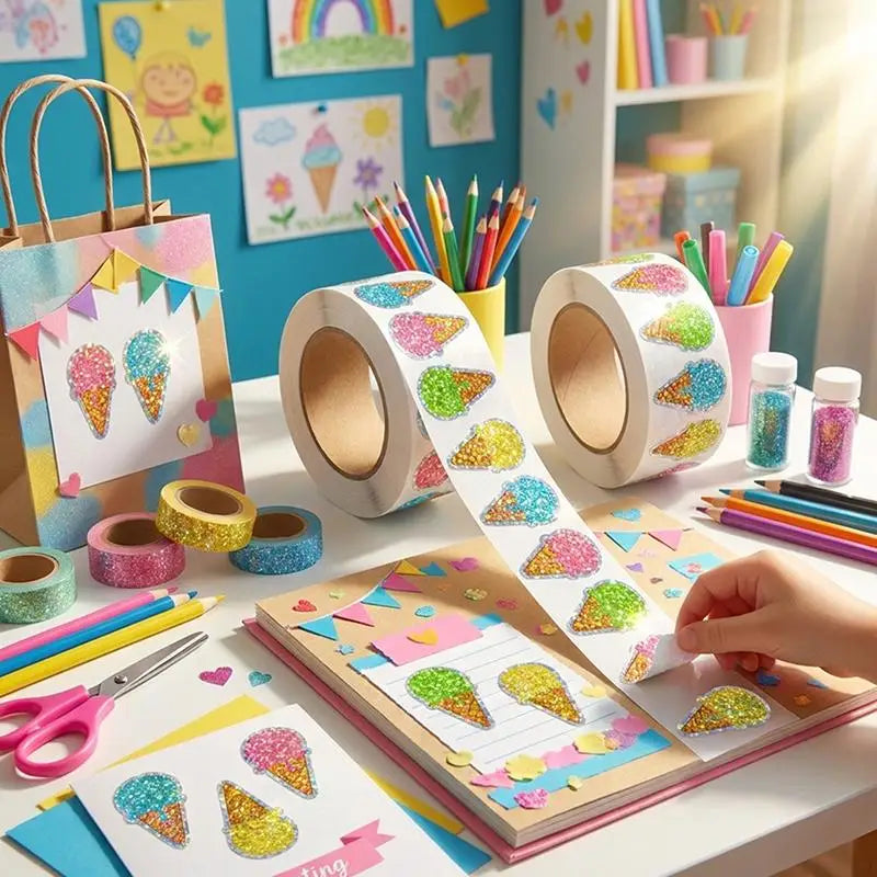 Shiny Glitter Ice Cream Stickers Self Adhesive 100 Kids DIY Art Qme