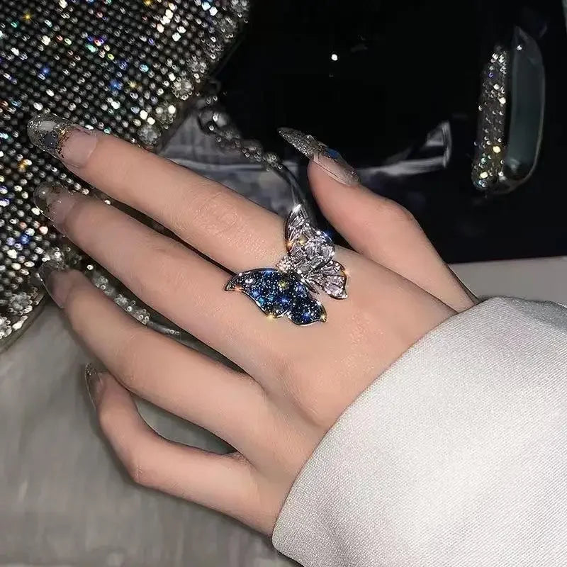 Exquisite Luxury Shiny 3D Exaggerated Two Color Butterfly Open Ring Crystal Geometric Zircon Rings Women Anniversary Jewelry Qme