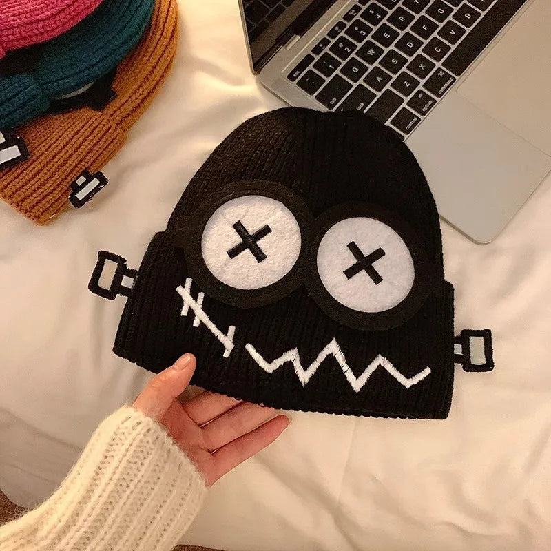 Funny Cute Knitted Woolen Hat Women Autumn Winter Cartoon Warm Qme black