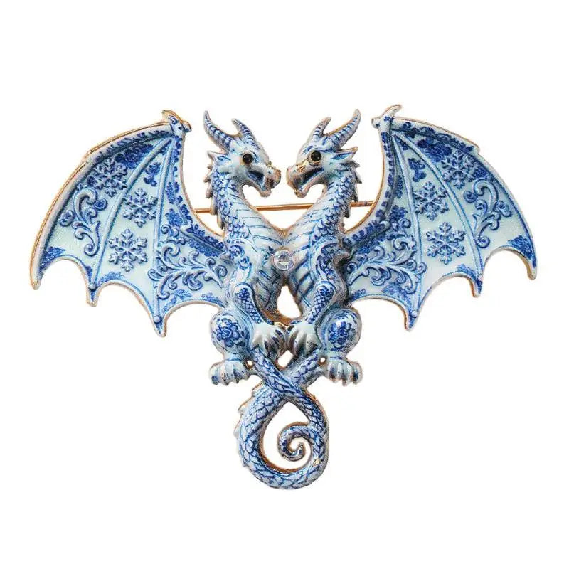 1Pcs Animal Double Headed Dragon Design Brooches for Men and Women Blue-and-White Porcelain-Inspired Jewelry Fashion Accessories Qme A3