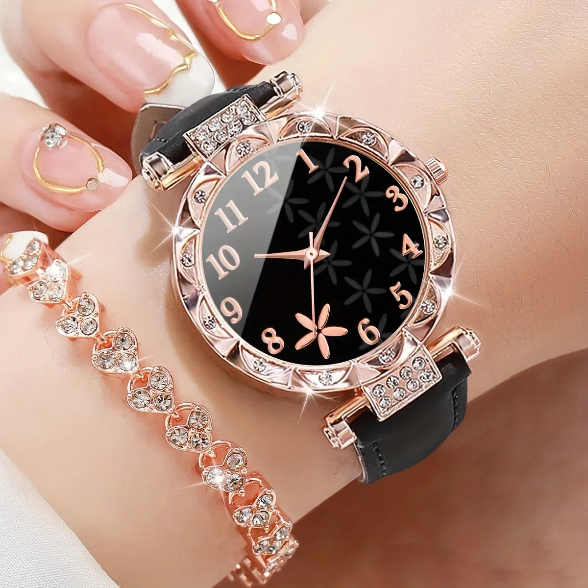 2pcs/set Women's Flower Rhinestone Fashion Quartz Watch Analog PU Leather Wrist Watch & Bracelet, Gift For Mom Her Qme
