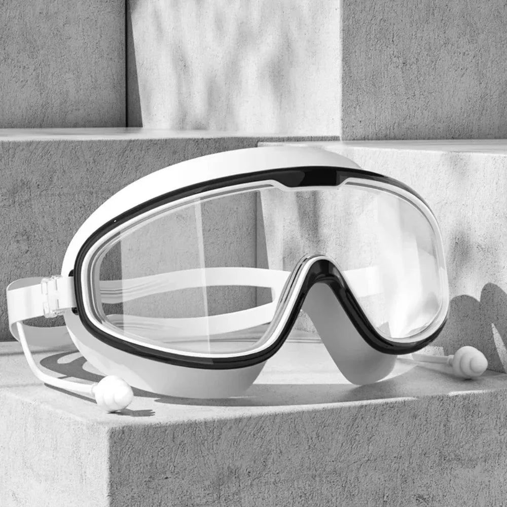 Swimming Goggles Silicone Swim Glasses Big Frame Earplugs Men Women Qme White Adult