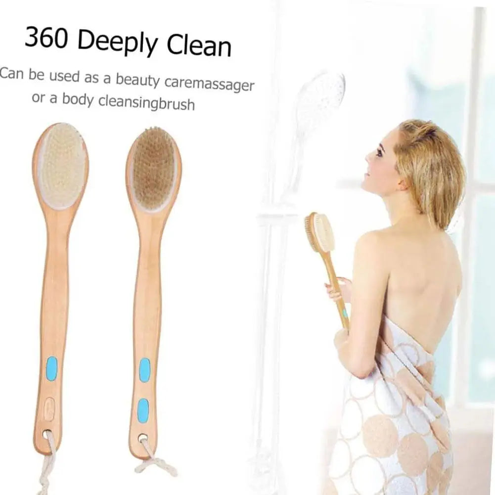 Bamboo Shower Brush with Soft and Stiff Bristles, Bath Long Wet Body Dry Exfoliator, Brush Scrubber, or Back Dual-Sided Han L8T3 Qme