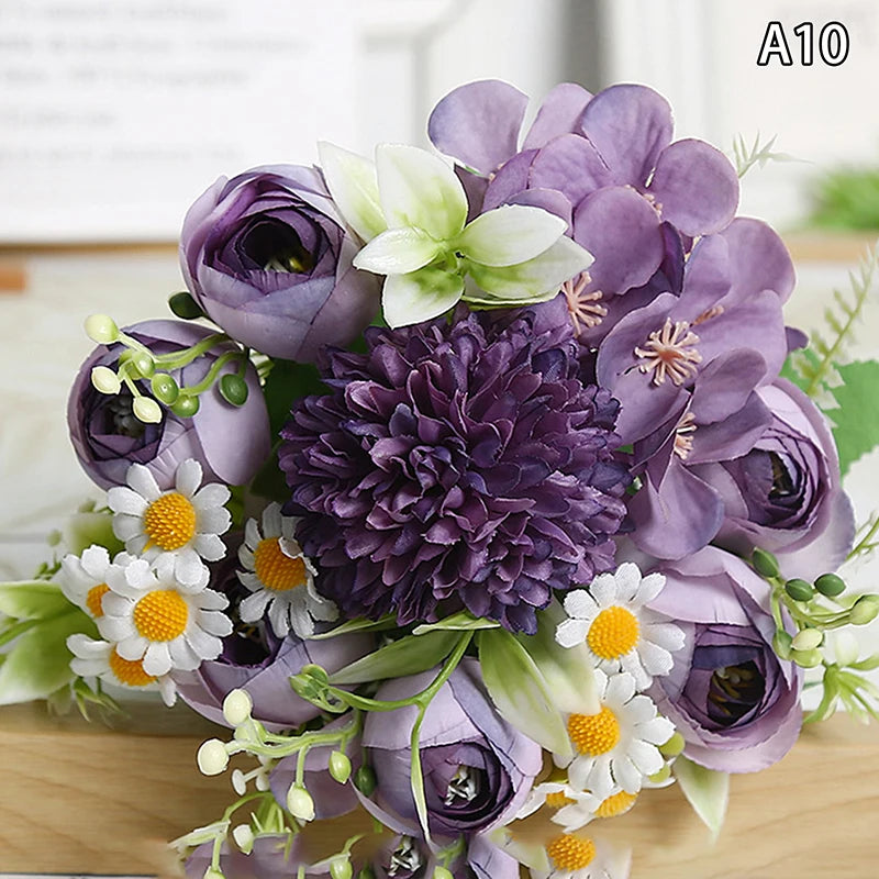 Artificial 1PC Flowers Wedding Home Bedroom Decoration Bridal Bouquet Garden Fake Silk Roses Hydrangeas Vase For Board Outdoors Qme style 16