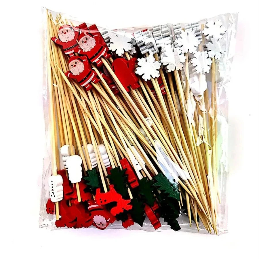 50 Christmas Bamboo Skewer Cocktail Picks Cupcake Topper Disposable Qme 100pcs Mix Xmas