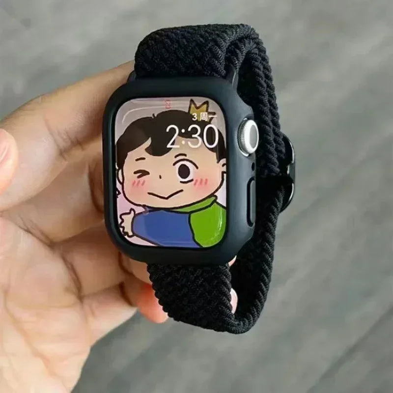 Korean Cute Braied Strap + Case For Apple Watch Band 49mm 41mm 45 44 38 42 Nylon Bracelet For iWatch Series 9 8 7 6 5 4 3 SE 40 Qme Black For Series 789 41mm