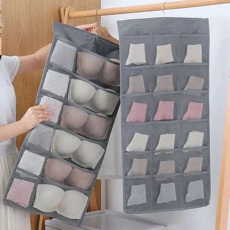 Double Sides Underwear Storage Hanging Bag Dormitory Home Wardrobe Hanging Wall Foldable Bag Underpants Socks Organizer Qme grey