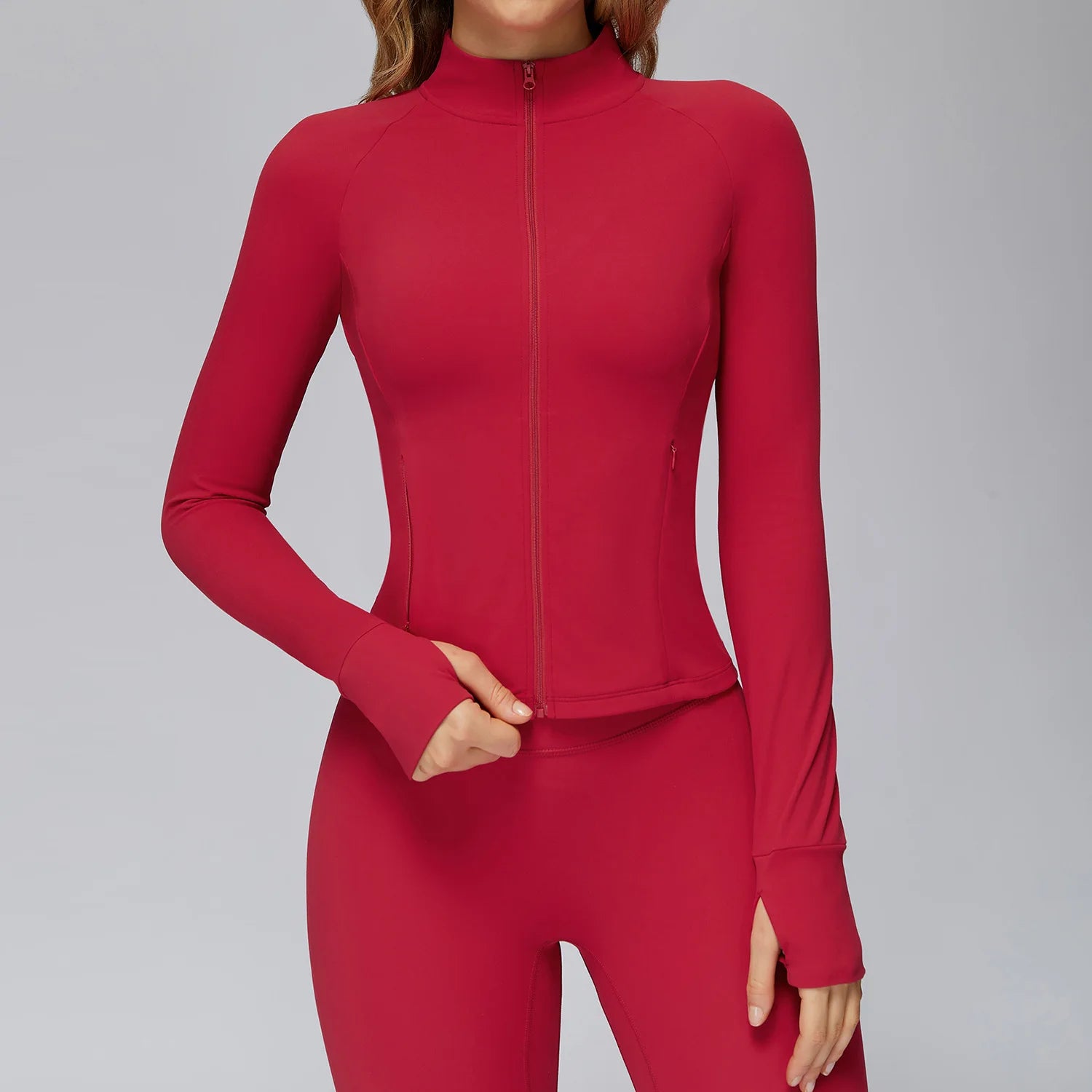A Summer Ultra-Soft Fabrics Tight Sports Jackets Women Zipper Gym Yoga Clothes Female Quick-Dry Long Sleeve Sportswear Qme Lava Red M