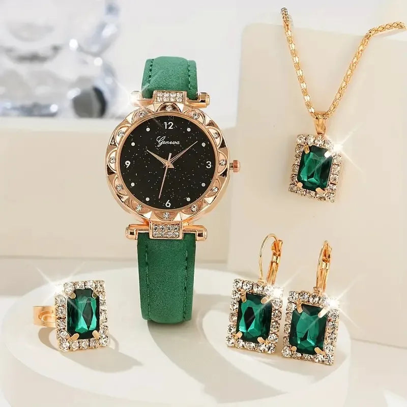 Womens Watches 5Pcs Set Luxury Rhinestone Women Fashion Elegant Wristwatch Quartz Watch For Girl WristWatch Bracelet Gift Qme green