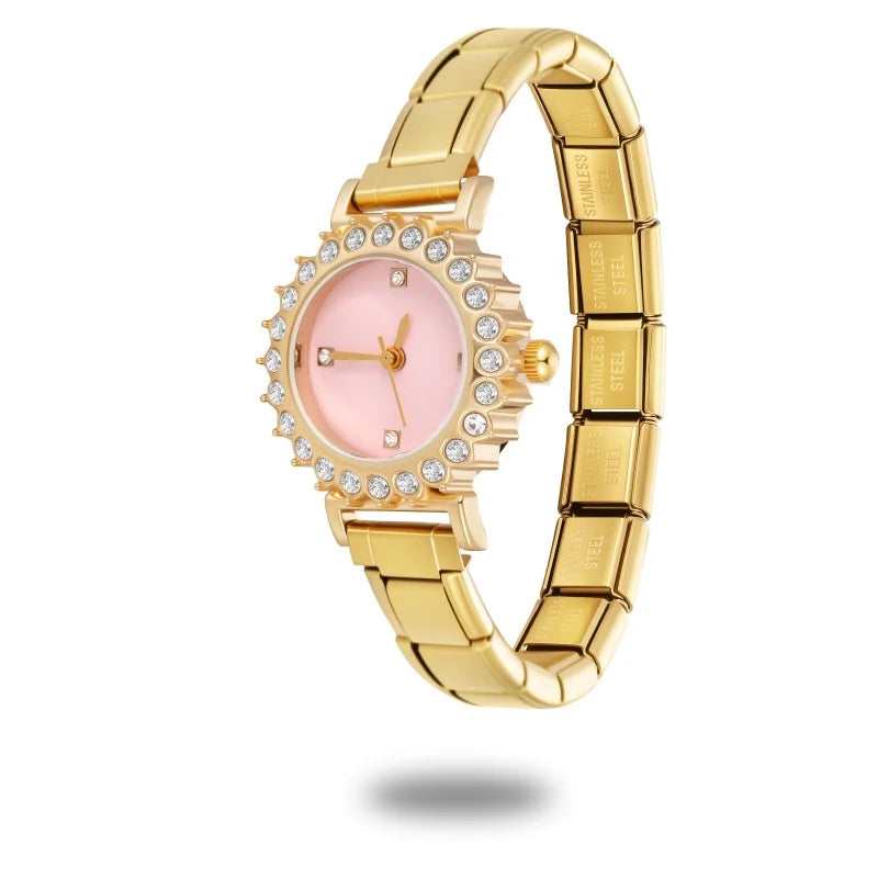 Fashion Women's Stainless Steel Round Shiny Zircon Watch DIY Width