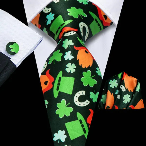 Hi-tie Four-leaf Clover Print Mens Necktie Green Wedding Tie Men Qme HT-LDSN0028