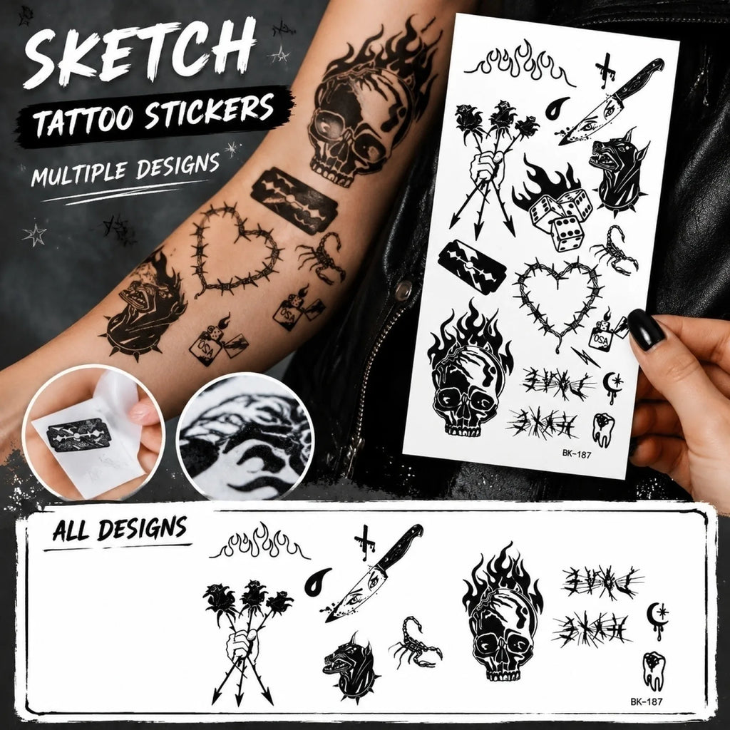 Ghoic Style Temporary Tattoos for Women and Men Sketch Skull Flower Design Body Decals Realistic Halloween Cosplay Fake Stickers Qme 1