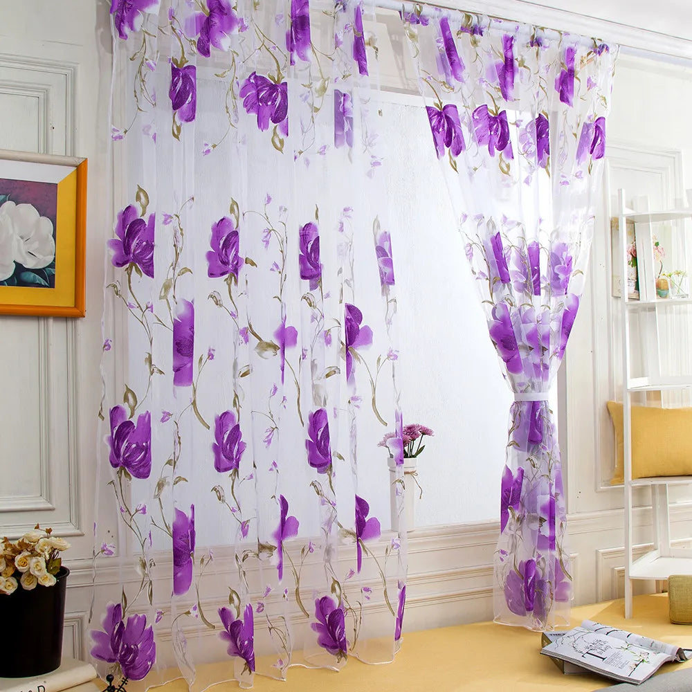 1/2 PCS Vines Leaves Tulle Door Window Curtain Drape Panel Sheer Scarf Valances Colorful Floral Pattern Transparent Curtains Qme