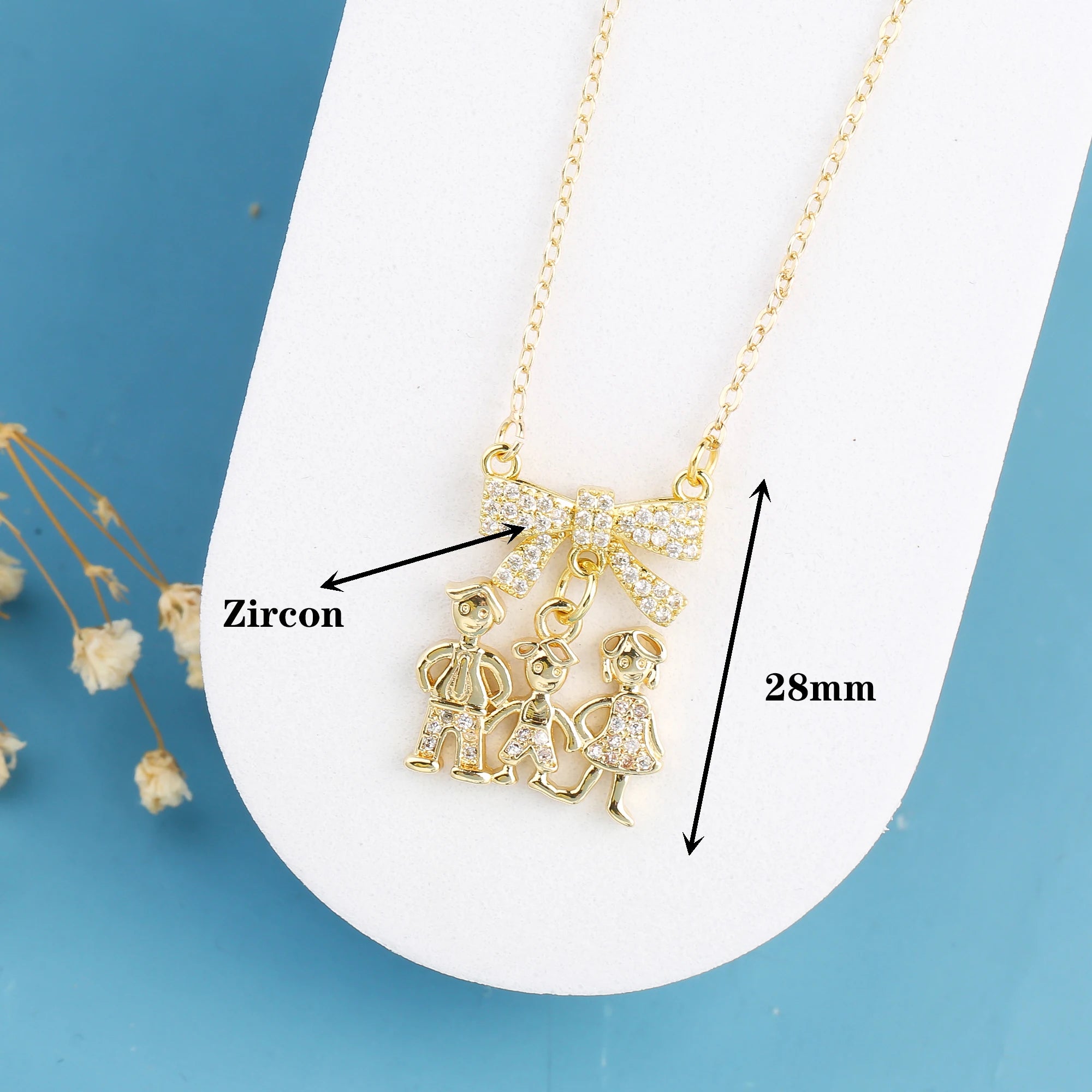 Fashion Son Daughter Heart Gold Color Cubic Zirconia Family Girl Boy Pendant Necklace Copper Chain Jewelry For Mother Gift Qme