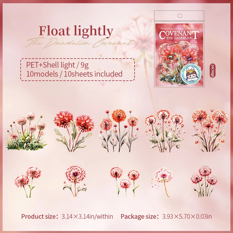 10 pcs INS Dandelion Plant Scrapbooking Materials PET Sticker Pack Journal Collage Decorative Aesthetic Stationery Stickers Qme D