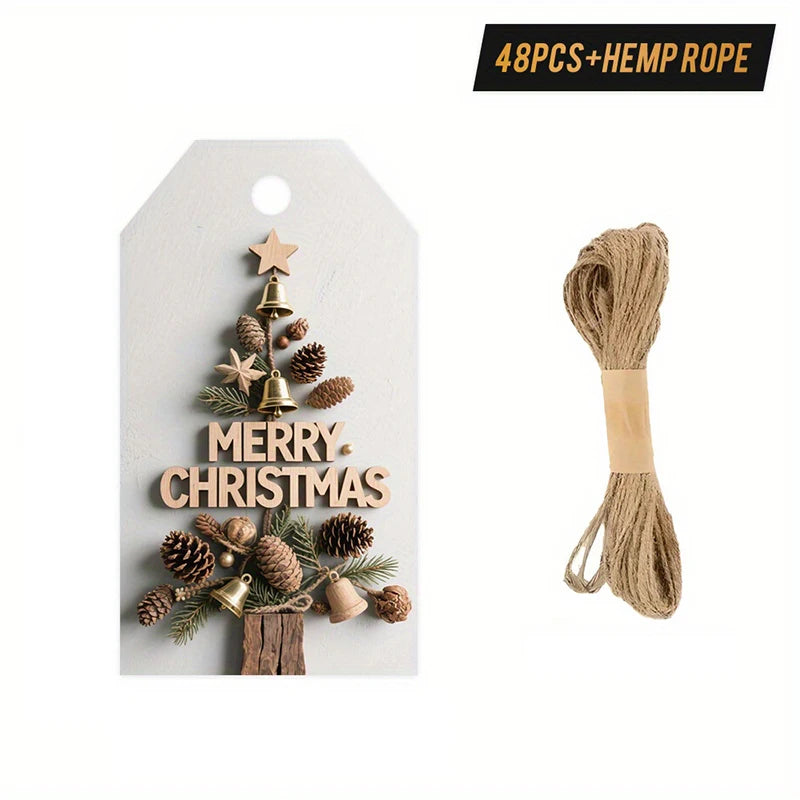 48pcs Vintage Christmas Gift Tags with Hemp Rope Classic Holiday Tags Tree Decorations Presents Packaging Label Party Decoration Qme 48pcs 9x5cm