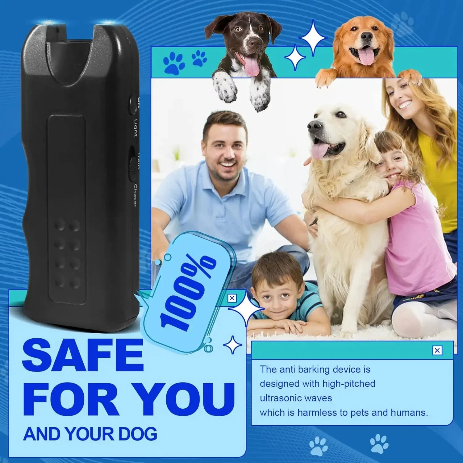 Ultrasonic Dog Repeller Portable Anti-barking Deterrent Handheld 3in1 Dog Training Device Repel Animals Pets Dog Trainer Qme