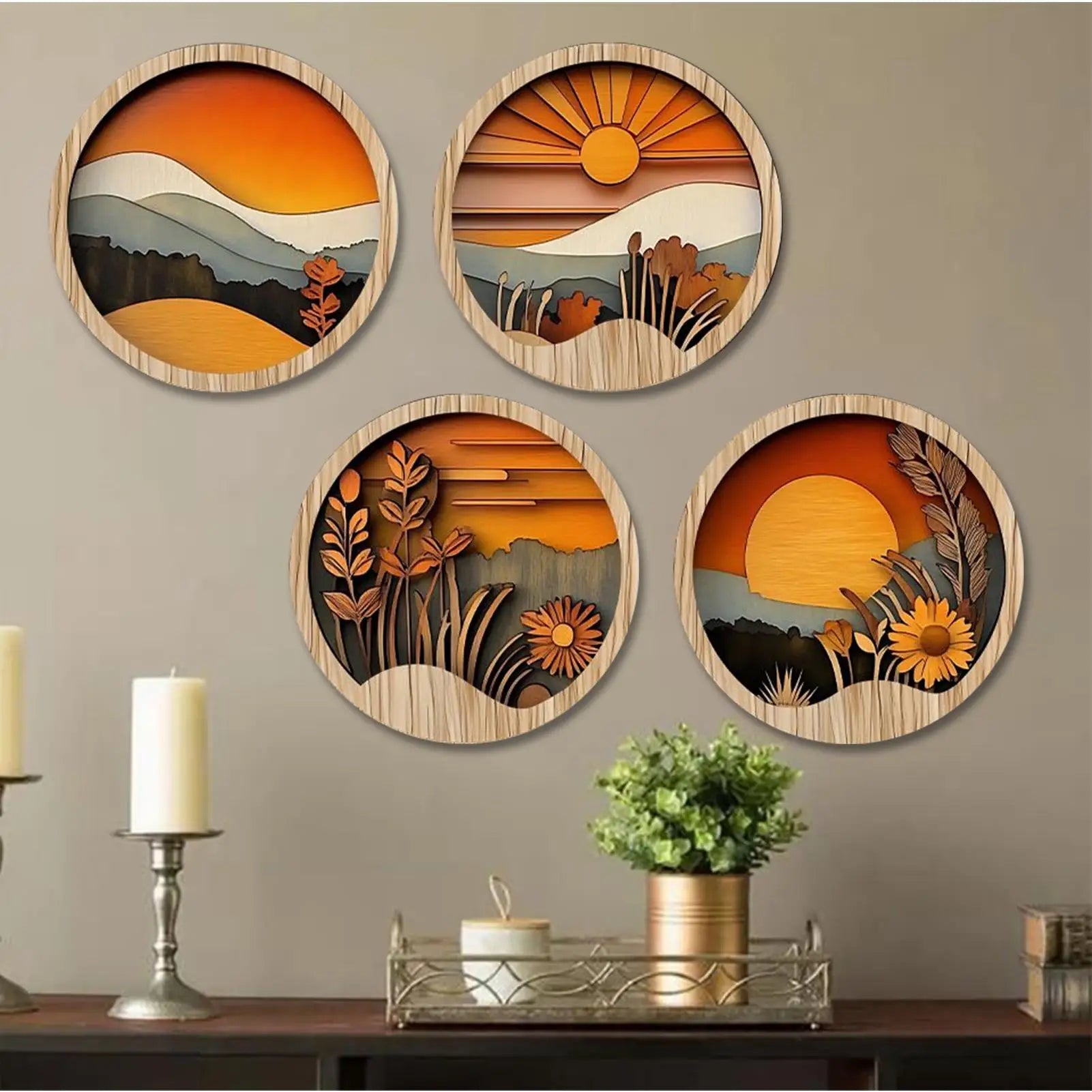 Boho Wall Art Living Room Bohemian Round Wooden Frames Aesthetic Qme