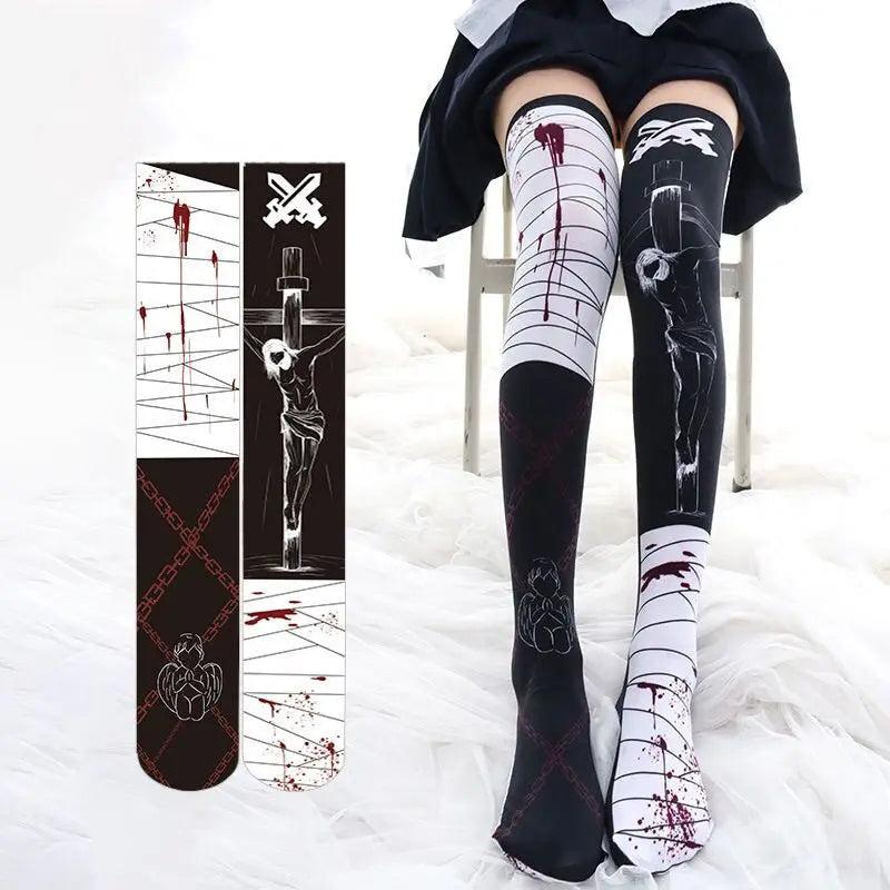 Funny Alice Striped Fashion Print Lolita JK Cute Girl Over Knee Qme