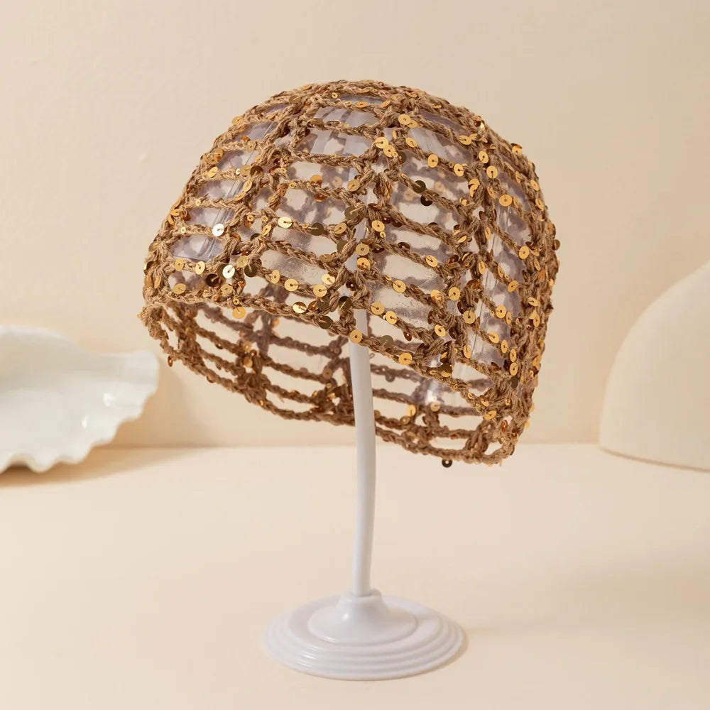 Retro Elegant Hollowed Out Knitted Hat Thin Solid Crochet Sequined Qme Khaki