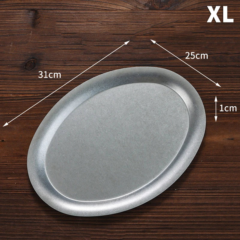 1 Pcs Japanese Vintage Oval 304 Stainless Steel Restaurant Plate Dessert Tray Kitchen Tableware Qme XL